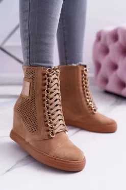 Damskie Boto Damskie Sneakersy Lu Boo Ażurowe Zamszowe Camel Clamma