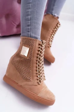 Damskie Boto Damskie Sneakersy Lu Boo Ażurowe Zamszowe Camel Clamma