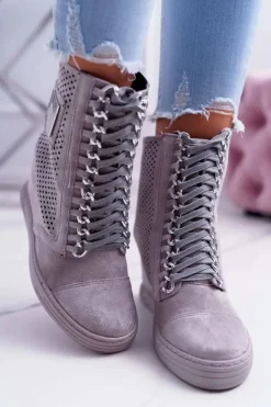 Boto Damskie Sneakersy Lu Boo Ażurowe Zamszowe Szare Clamma