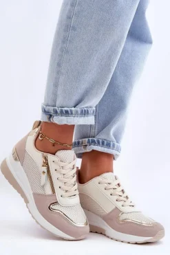 Boto Sneakersy Damskie*Damskie Sneakersy Na Koturnie Beżowo-Białe Sivan