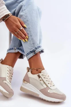 Boto Sneakersy Damskie*Damskie Sneakersy Na Koturnie Beżowo-Białe Sivan