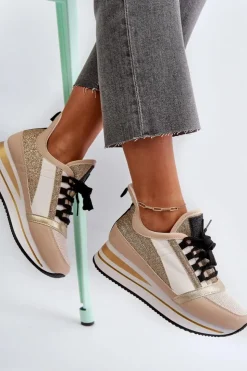 Hot Boto Damskie Sneakersy Na Koturnie I Platformie Z Brokatem Złote Rafani