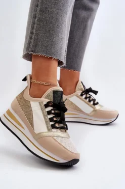 Hot Boto Damskie Sneakersy Na Koturnie I Platformie Z Brokatem Złote Rafani