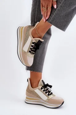 Hot Boto Damskie Sneakersy Na Koturnie I Platformie Z Brokatem Złote Rafani