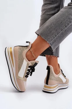 Hot Boto Damskie Sneakersy Na Koturnie I Platformie Z Brokatem Złote Rafani