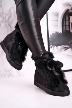 Boto Damskie Sneakersy Na Koturnie z Futerkiem Czarne Pretty