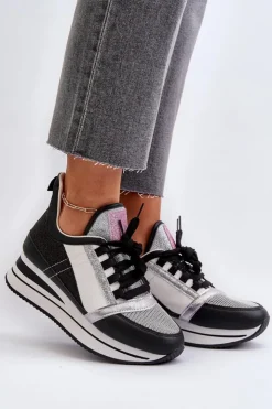 Damskie Boto Damskie Sneakersy Na Koturnie I Platformie Z Brokatem Czarne Rafani