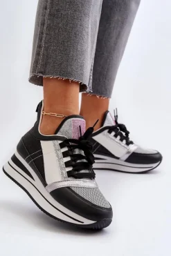 Damskie Boto Damskie Sneakersy Na Koturnie I Platformie Z Brokatem Czarne Rafani