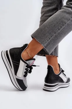 Damskie Boto Damskie Sneakersy Na Koturnie I Platformie Z Brokatem Czarne Rafani