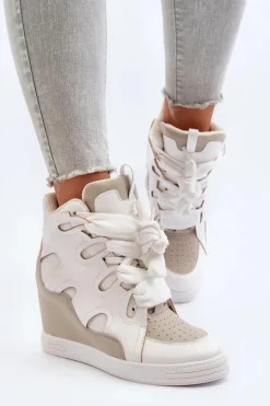 Hot Boto Damskie Sneakersy Na Koturnie Białe Leoppa