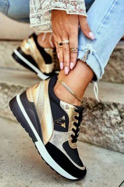 Damskie Buty damskie Vinceza Damskie Sneakersy Na Koturnie Czarno Złote Isla