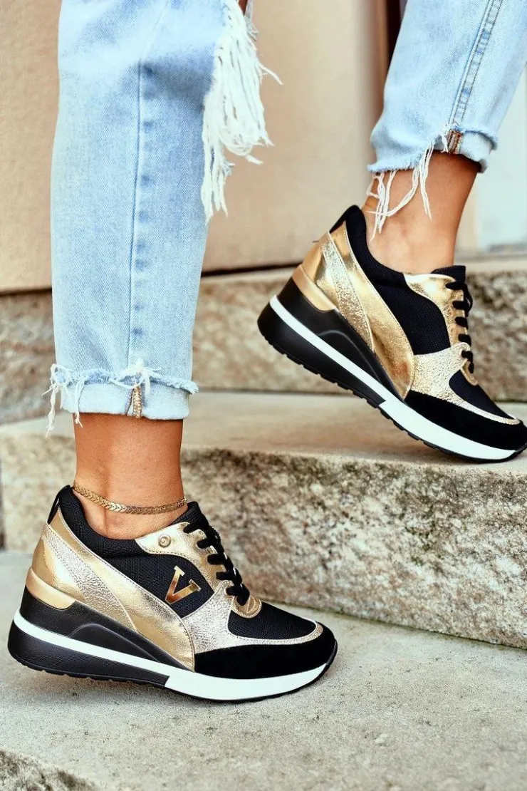 Damskie Buty damskie Vinceza Damskie Sneakersy Na Koturnie Czarno Złote Isla