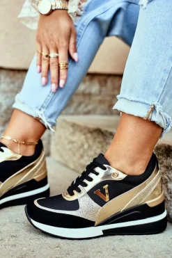 Damskie Buty damskie Vinceza Damskie Sneakersy Na Koturnie Czarno Złote Isla