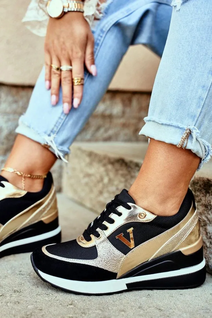 Damskie Buty damskie Vinceza Damskie Sneakersy Na Koturnie Czarno Złote Isla