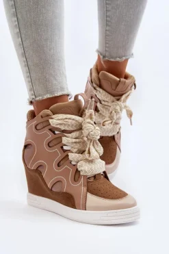 Boto Sneakersy Damskie*Damskie Sneakersy Na Koturnie Beżowe Leoppa