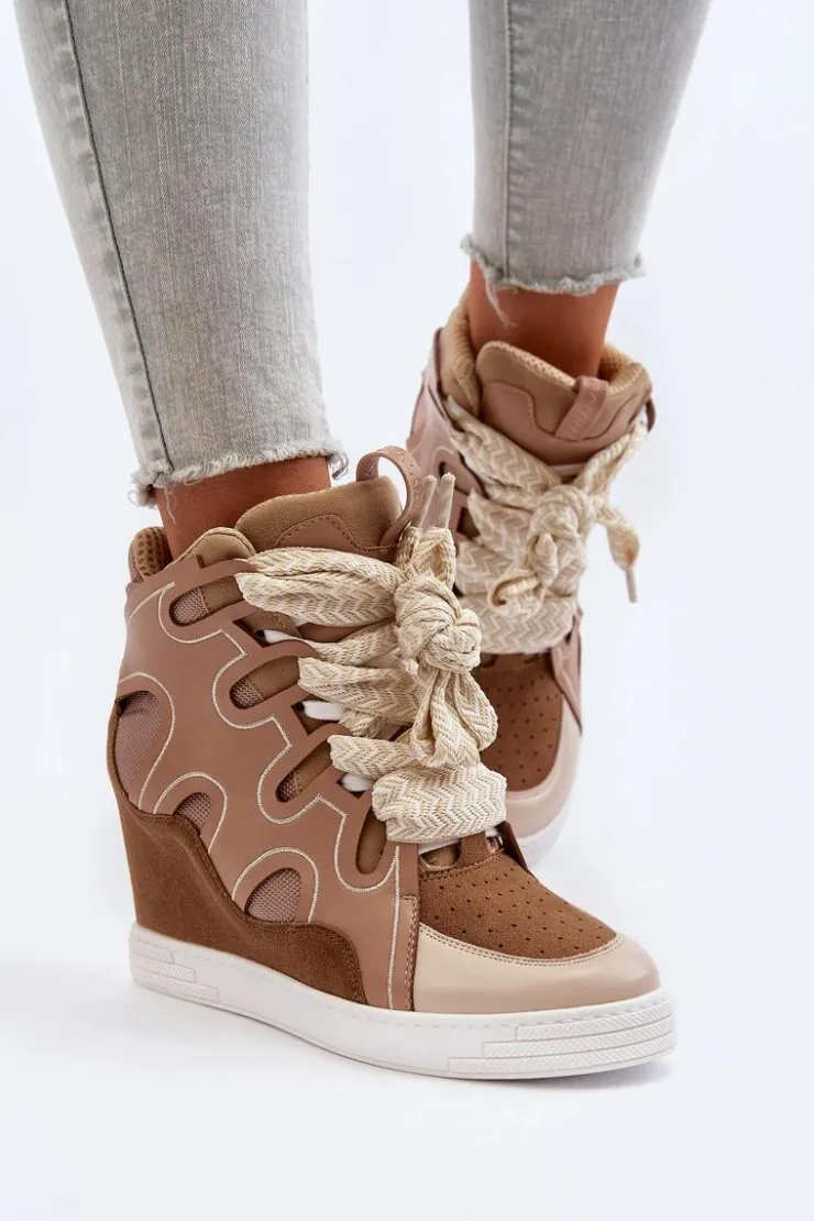 Boto Sneakersy Damskie*Damskie Sneakersy Na Koturnie Beżowe Leoppa