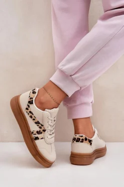 Damskie Boto Damskie Sneakersy Na Platformie Panterka Beżowe Totter
