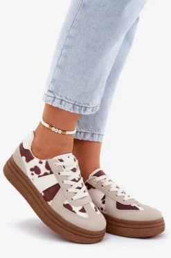 Sale Boto Damskie Sneakersy Na Platformie W Łaty Beżowe Lincidi Beżowy