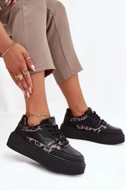 Outlet Big Star Shoes Damskie Sneakersy Na Platformie Big Star SS274358 Panterka Czarne Czarny