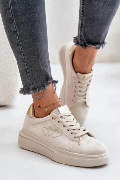Sale Boto Damskie Sneakersy Na Platformie Z Sercami Beżowe Avirorae