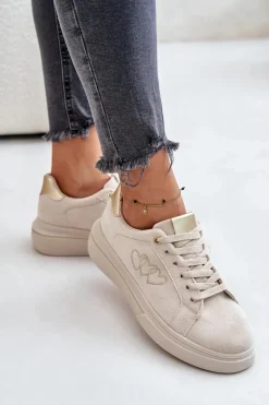 Sale Boto Damskie Sneakersy Na Platformie Z Sercami Beżowe Avirorae