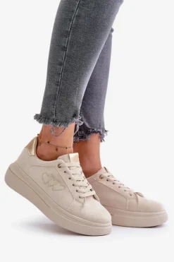 Sale Boto Damskie Sneakersy Na Platformie Z Sercami Beżowe Avirorae