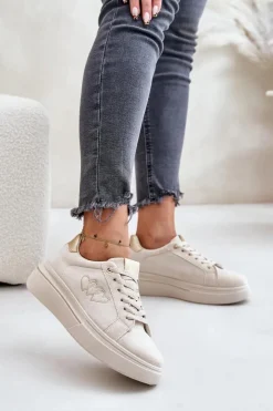 Sale Boto Damskie Sneakersy Na Platformie Z Sercami Beżowe Avirorae
