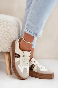 Damskie Boto Damskie Sneakersy Na Platformie Panterka Beżowe Lincidi