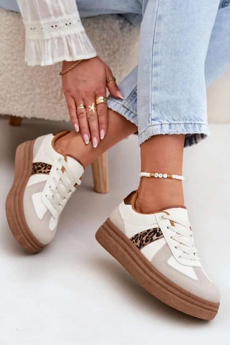 Damskie Boto Damskie Sneakersy Na Platformie Panterka Beżowe Lincidi