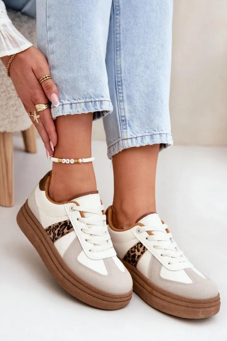Damskie Boto Damskie Sneakersy Na Platformie Panterka Beżowe Lincidi
