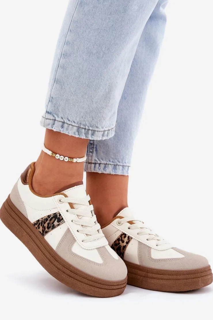 Damskie Boto Damskie Sneakersy Na Platformie Panterka Beżowe Lincidi