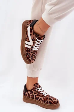 Sale Boto Damskie Sneakersy Na Platformie Panterka Brązowe Totter Brązowy