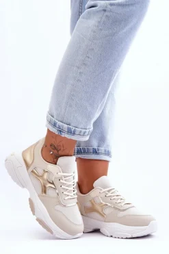 Online Boto Damskie Sneakersy Sznurowane Beżowo-Złote Cortes