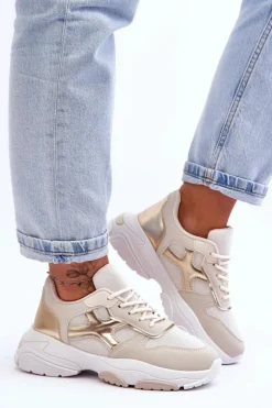 Online Boto Damskie Sneakersy Sznurowane Beżowo-Złote Cortes