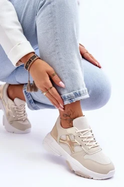 Online Boto Damskie Sneakersy Sznurowane Beżowo-Złote Cortes