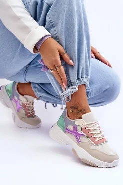 Damskie Boto Damskie Sneakersy Sznurowane Beżowo-Zielone Cortes