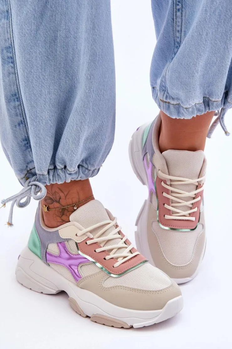 Damskie Boto Damskie Sneakersy Sznurowane Beżowo-Zielone Cortes