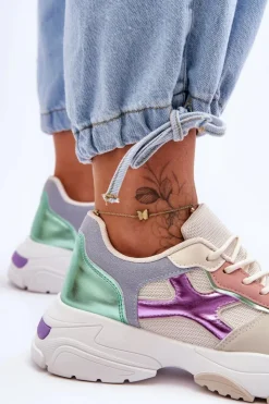 Damskie Boto Damskie Sneakersy Sznurowane Beżowo-Zielone Cortes