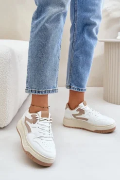 Boto Sneakersy Damskie*Damskie Sneakersy Z Eko Skóry Na Platformie Biało-Beżowe Henizore Biały