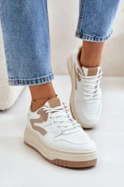 Boto Sneakersy Damskie*Damskie Sneakersy Z Eko Skóry Na Platformie Biało-Beżowe Henizore Biały