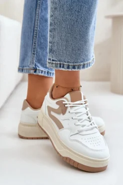 Boto Sneakersy Damskie*Damskie Sneakersy Z Eko Skóry Na Platformie Biało-Beżowe Henizore Biały