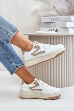 Boto Sneakersy Damskie*Damskie Sneakersy Z Eko Skóry Na Platformie Biało-Beżowe Henizore Biały