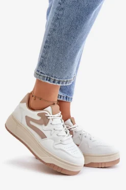 Boto Sneakersy Damskie*Damskie Sneakersy Z Eko Skóry Na Platformie Biało-Beżowe Henizore Biały