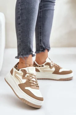 Damskie Boto Damskie Sneakersy Z Eko Skóry Na Platformie Panterka Beżowe Henizore