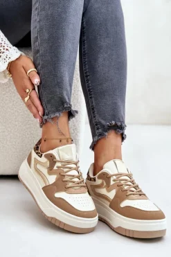 Damskie Boto Damskie Sneakersy Z Eko Skóry Na Platformie Panterka Beżowe Henizore