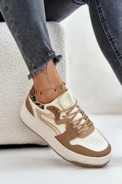 Damskie Boto Damskie Sneakersy Z Eko Skóry Na Platformie Panterka Beżowe Henizore