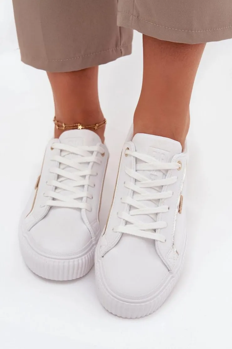 Big Star Shoes Trampki Damskie Big Star|Buty Sportowe Big Star*Damskie Sneakersy Z Eko Skóry Big Star SS274026 Biało-Złote Biały