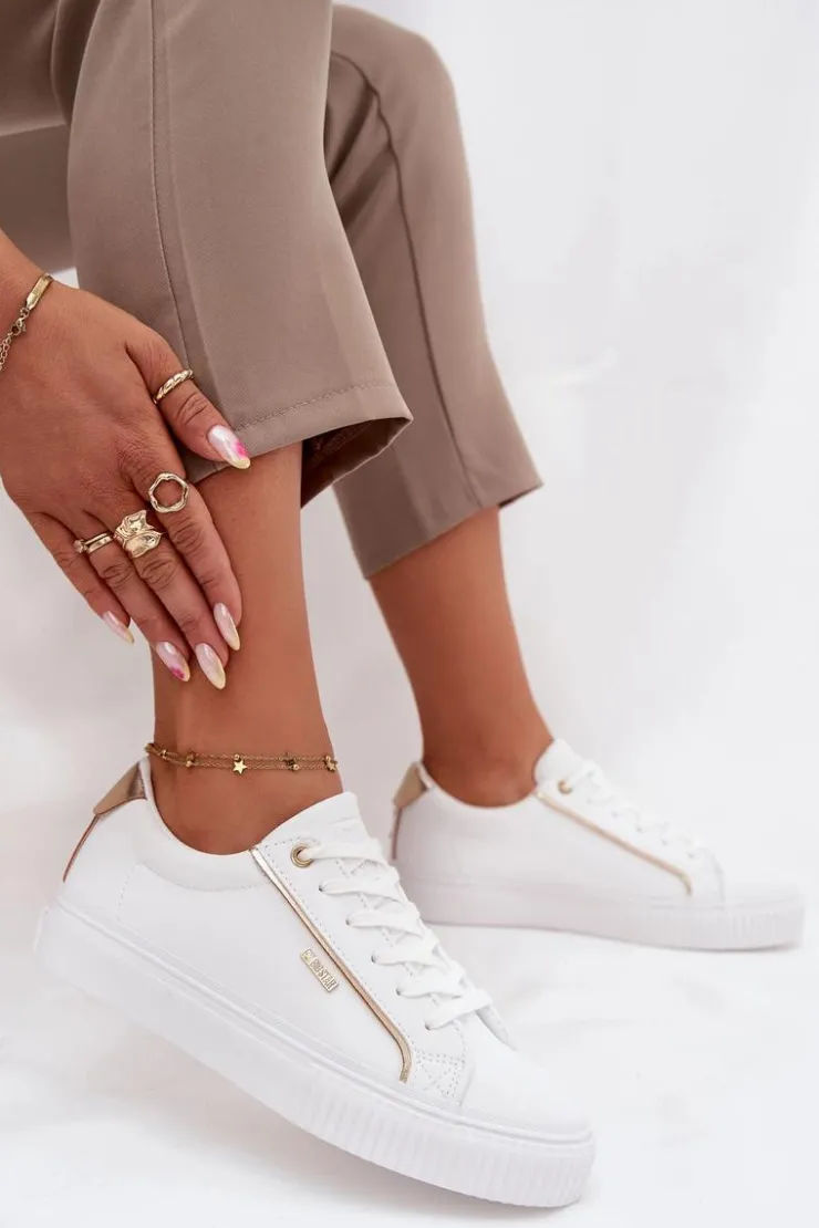 Big Star Shoes Trampki Damskie Big Star|Buty Sportowe Big Star*Damskie Sneakersy Z Eko Skóry Big Star SS274026 Biało-Złote Biały