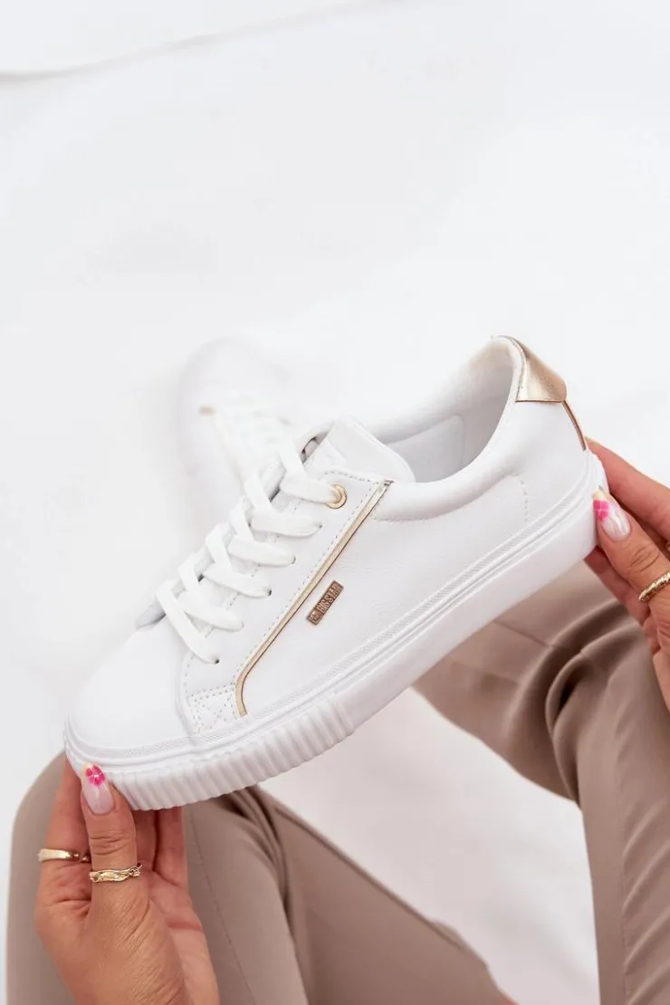 Big Star Shoes Trampki Damskie Big Star|Buty Sportowe Big Star*Damskie Sneakersy Z Eko Skóry Big Star SS274026 Biało-Złote Biały