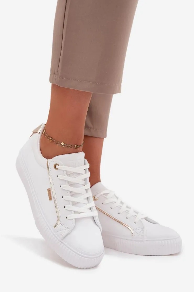 Big Star Shoes Trampki Damskie Big Star|Buty Sportowe Big Star*Damskie Sneakersy Z Eko Skóry Big Star SS274026 Biało-Złote Biały